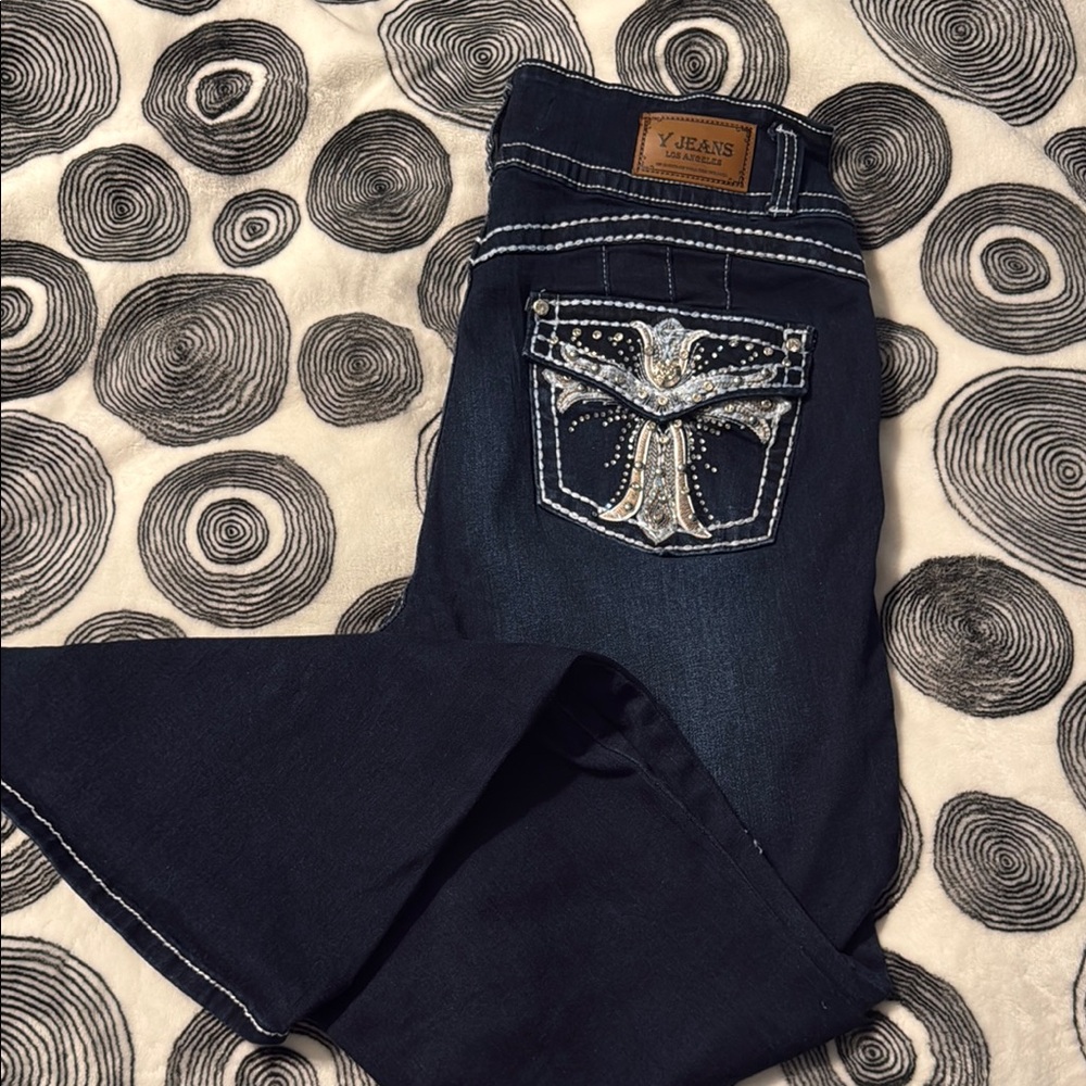 Blue Flare Wide Leg Jeans with Ornate Embroidery